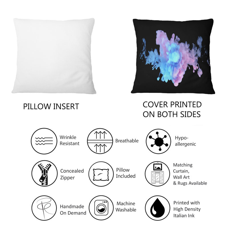 Mauve et bleu, nuages d'encre sur fond noir - Coussin décoratif imprimé moderne 1