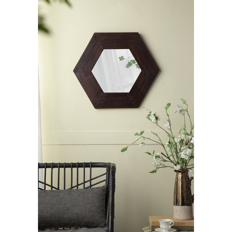 Miroir hexagonal 18,5 "x 18,5" avec cadre en bois massif, décoration murale, Brun