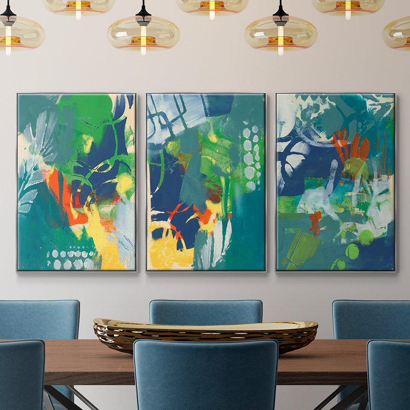 Impression tropicale encadrée sur toile 3 pièces, Argent, H 36 po x l 72 po x P 2 po