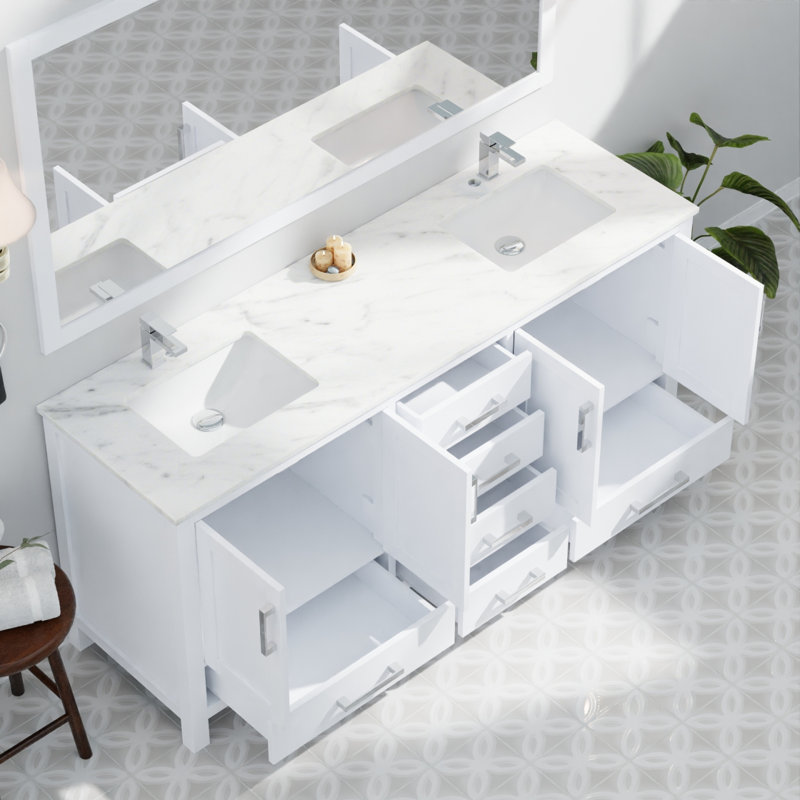 White Double Bath Vanity 72 In. W X 22 In. D, Carrara Marble Top, And Faucet Set, White