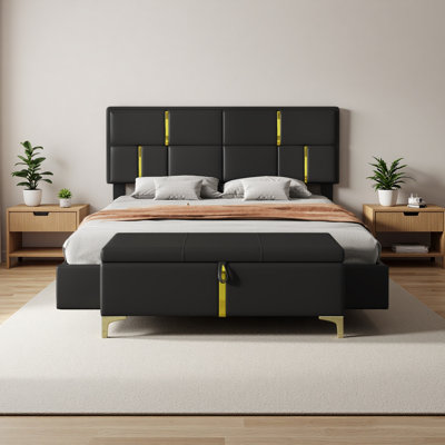 Ensemble de chambre à coucher 2 pièces, lit plateforme tapissier grand avec système de rangement hydraulique, repose-pieds avec pieds en métal
