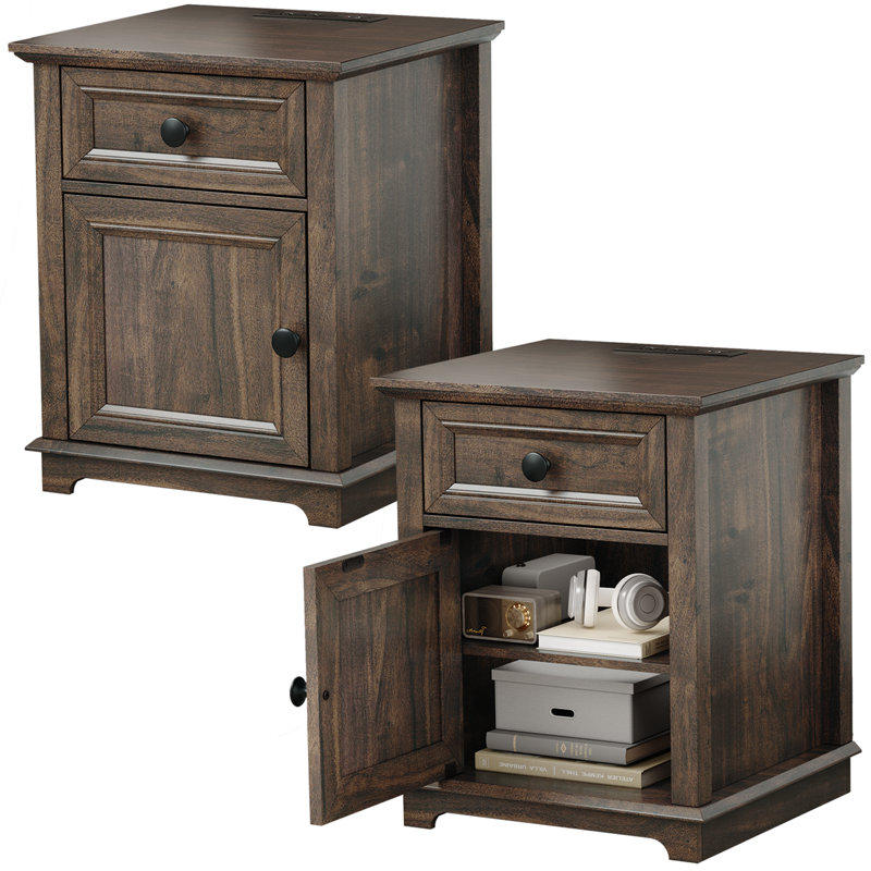 Brittnei 1-Drawer Manufactured Wood Nightstands with Storage and Built-in Outlets, Brown, 2