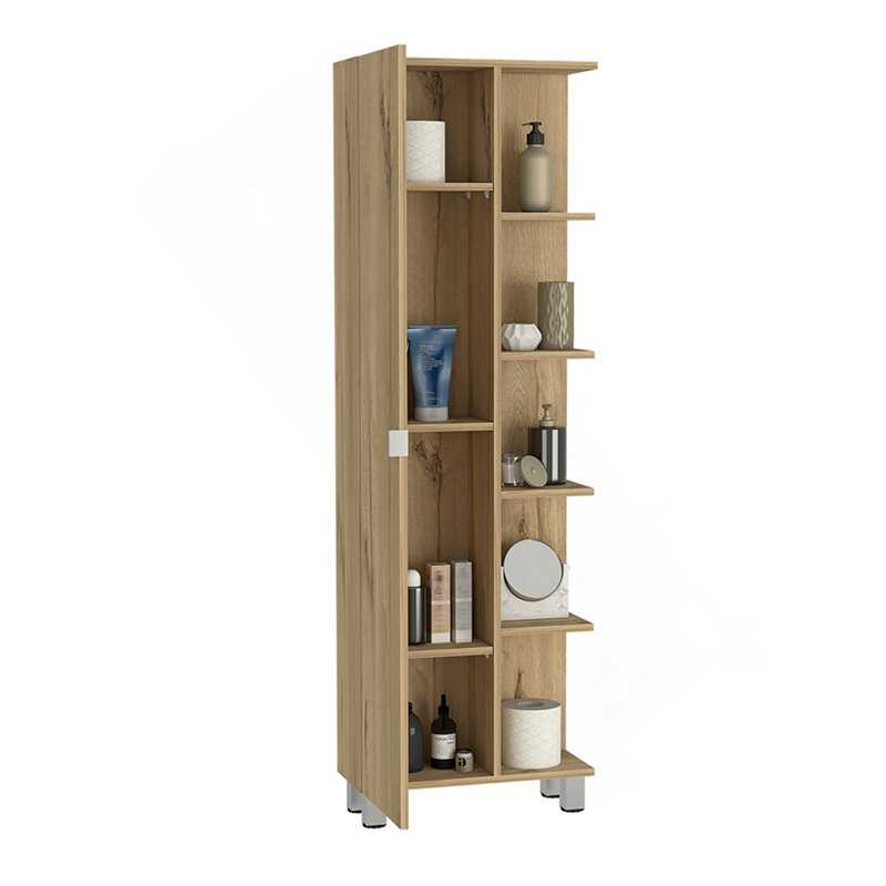 Corner Cabinet Womppi, Five Open Shelves, Single Door, Light Oak Finish, Light Oak