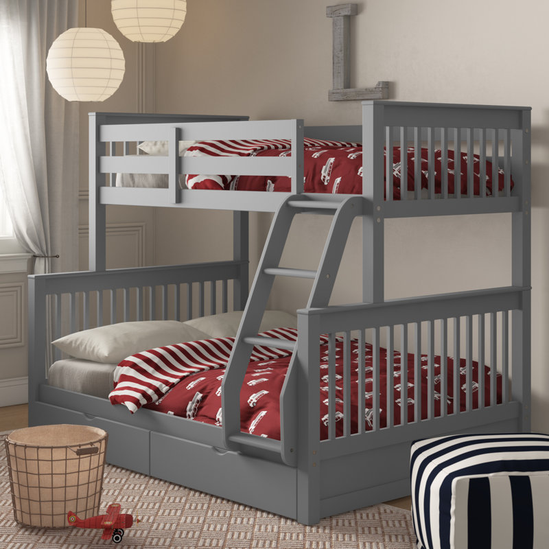 Taya Transitional Twin over Full Bunk Bed with Storage Drawers and Ladder in Gray
