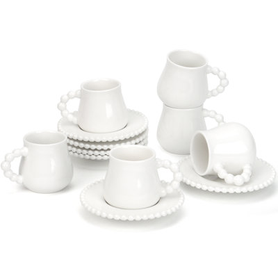 Ensemble de 6 tasses à café avec soucoupes, tasses à espresso en céramique 3,5 oz, cadeau de tasse à café turc élégant pour cappuccino, café au lait, café moka et thé, va au lave-vaisselle et au micro-ondes (blanc perle)