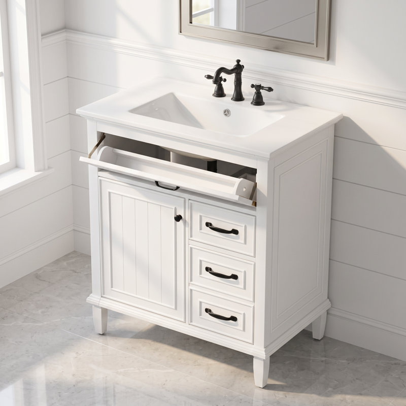 Meuble-lavabo simple autoportant blanc avec lavabo et rangement en céramique