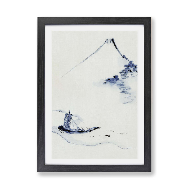 Boat On A River By Mount Fuji - Single Picture Frame Painting, 45cm H x 63cm W x 2cm D, Black