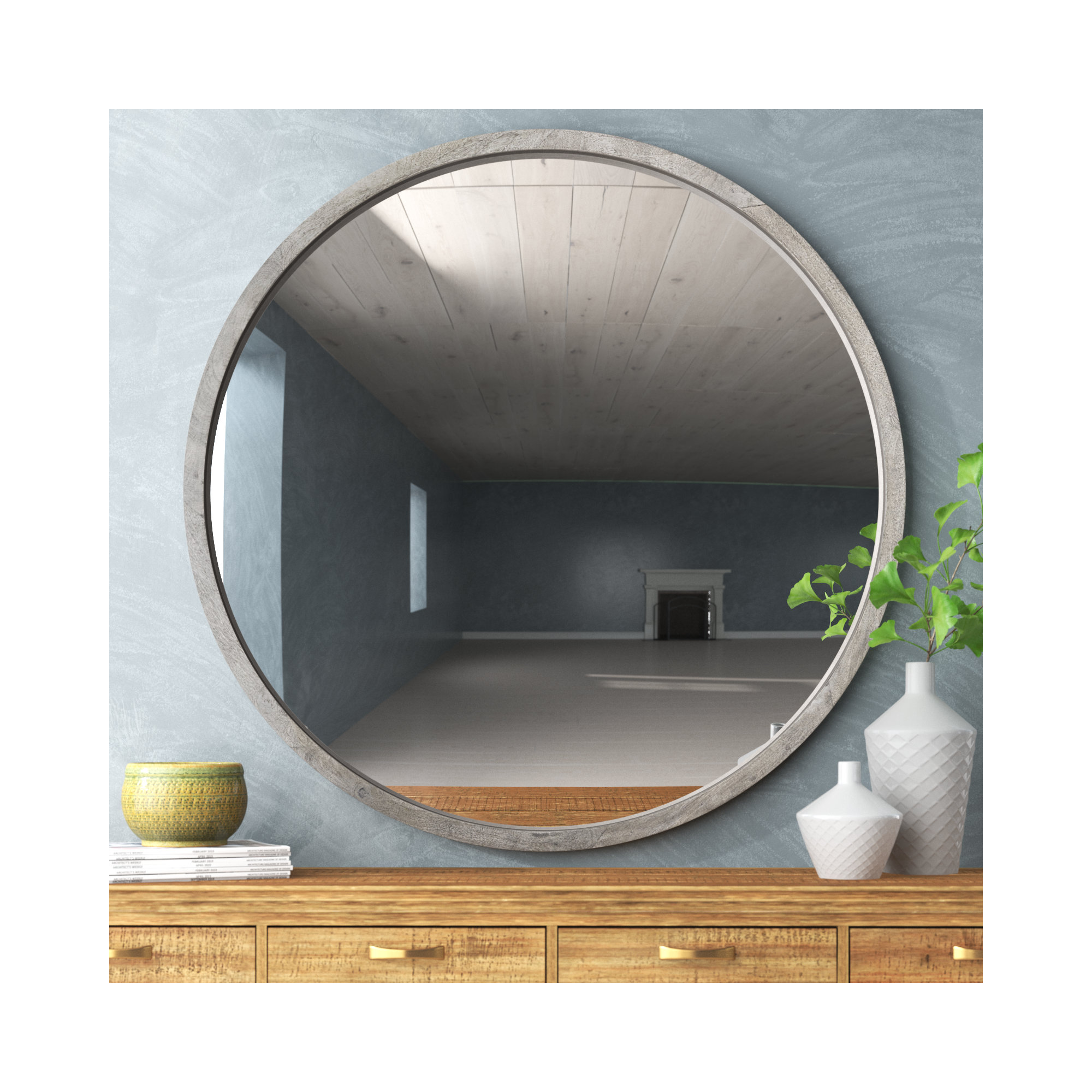 Carper Solid Wood Round Mirror, Gray