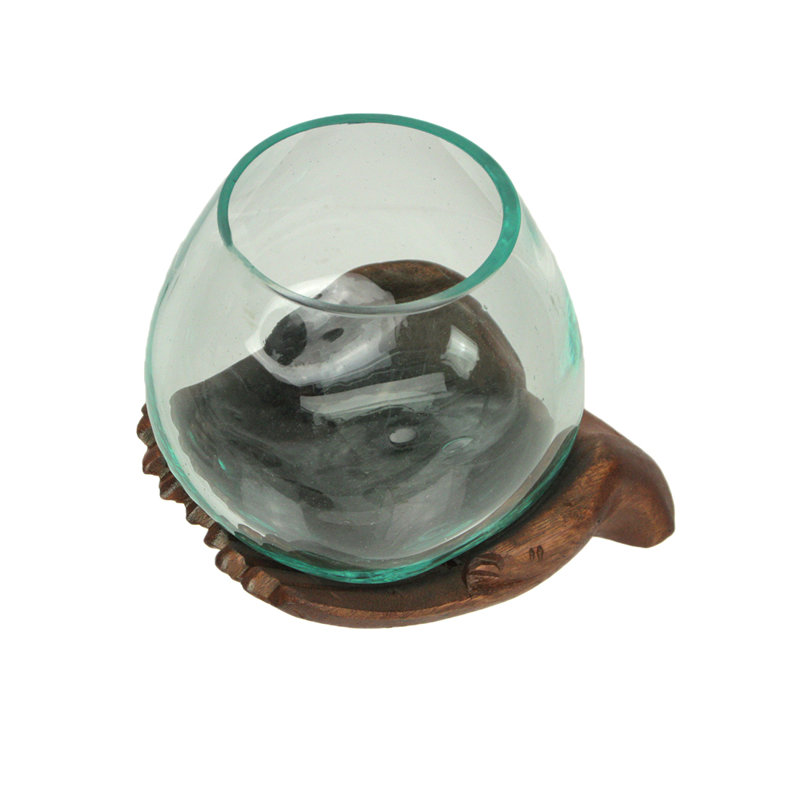 Clear Blown Molten Glass and Carved Natural Wood Hands Decorative Vase, Bowl, and Terrarium — 6" H X 7.5" L X 7.5" W