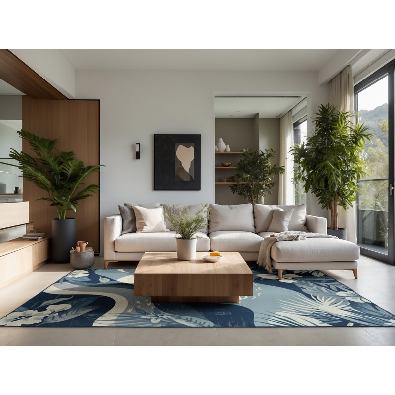Tapis à motif floral tropical moelleux doux en bleu - reliure bleu marine, Rond 8 pi