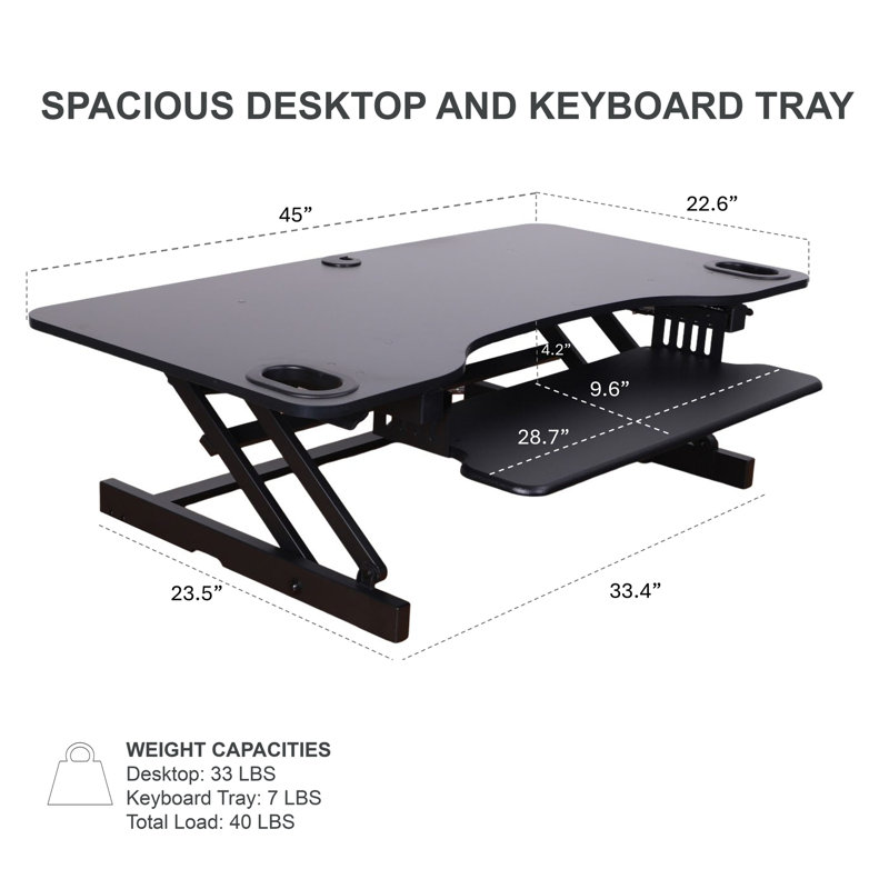 Convertisseur de bureau debout à hauteur réglable noir 45 po avec support pour écran double et plateforme pour écran triple Rocelco
