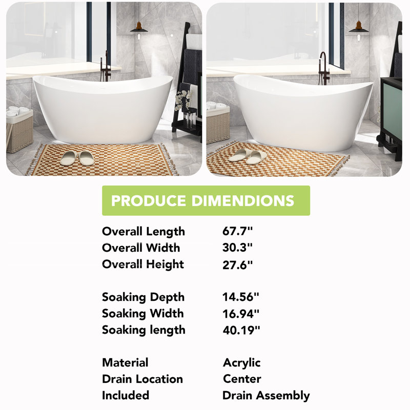 67.7'' x 30.3'' Freestanding Soaking Acrylic Bathtub