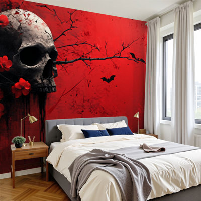Peel and Stick Wallpaper 96" W x 69" H Modern Self Adhesive Wall Mural for Bedroom Gothic Spooky Skull Red Vintage Flowers Bats Dark Red