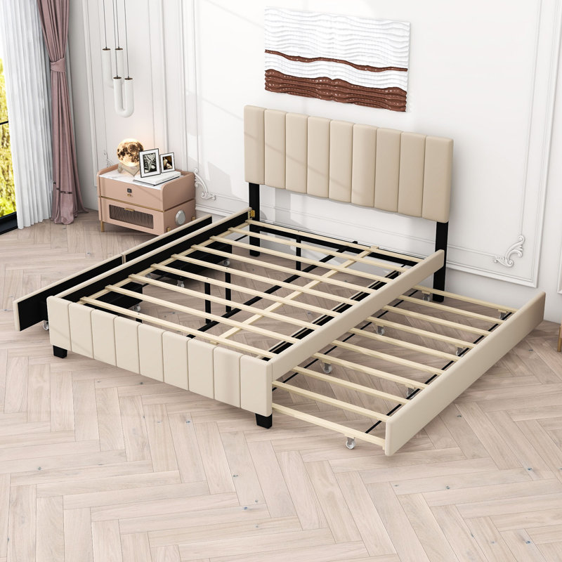 Lit avec rangement en tissu d'ameublement Makeyla, Beige