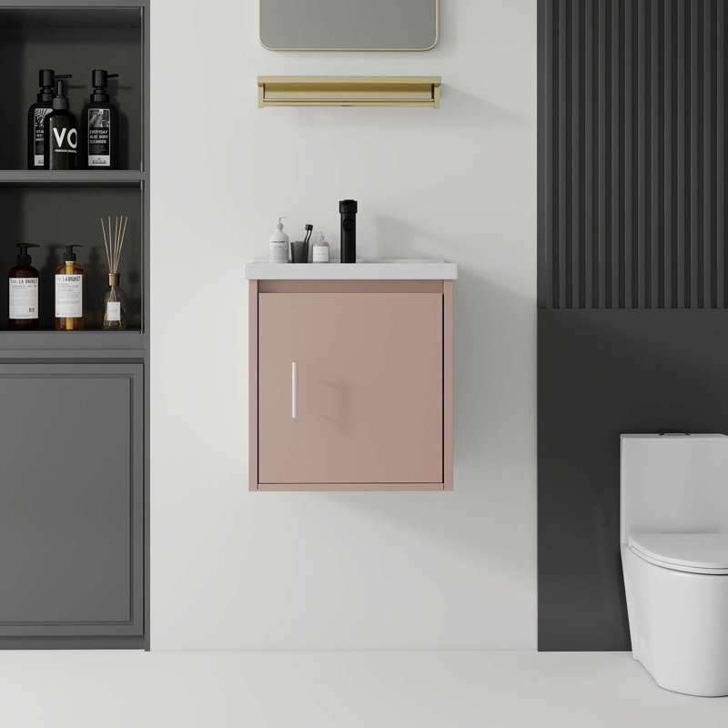 Ensemble de meuble-lavabo mural avec lavabo en céramique et portes à fermeture en douceur pour espaces compacts, Rose