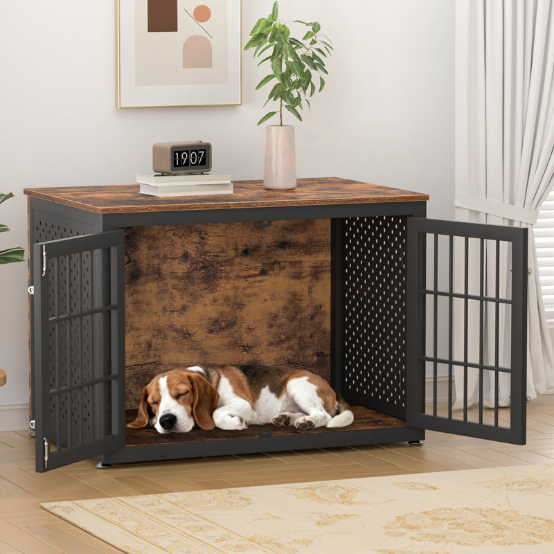 38 Inch Rustic Heavy Duty Dog Crate Furniture, Decorative Pet House End Table, Wooden Cage Kennel Furniture Indoor for Extra Large Dogs