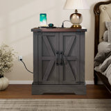 Farmhouse Nightstand End Side Table With Charging Station And Barn Doors