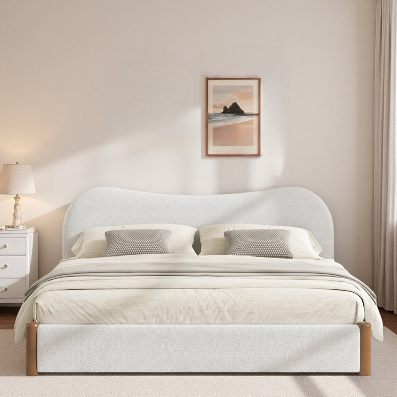 Lit plateforme tapissier avec tête de lit courbée et pieds de soutien en bois, Queen, White