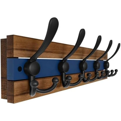 Porte-manteau mural rustique - Crochets muraux de 42,9 cm (16-7/8 po) de long avec 5 crochets triples pour suspendre manteaux, chapeaux ou outils, Collection Parcs nationaux de l'Ouest, Bois brun et bleu