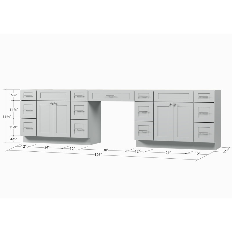 Disar 126'' Double Bathroom Vanity With Desk Dovetail Solid Wood Drawer Base Only, Grey