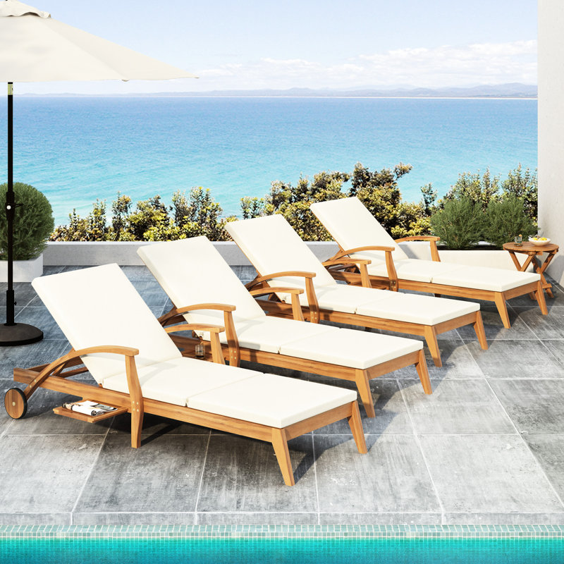 Chaise longue d'extérieur à roulettes en bois, coussin épais de 5 cm, support robuste, bois à conception peu encombrante avec roulettes et crème amovible à 4 positions, résistante aux intempéries, pour le jardin