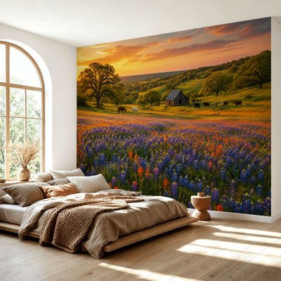 Wall Mural Peel and Stick Wallpaper grassland horse Bluebonnets Texas Hill Country Self-Adhesive Removable Contact Paper Wall Decor for Living Room Bedroom 69"H x 96"W