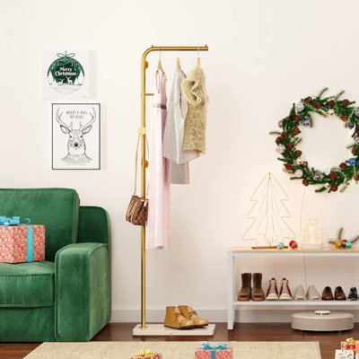 Metal Coat Rack With 4 Hooks And Stable Base, Modern Coat Tree With Crossbar, L Shaped Coat Hanger Stand, Perchero De Pie, Free Standing Coat Rack For Entryway And Corner, Gold Coat Rack