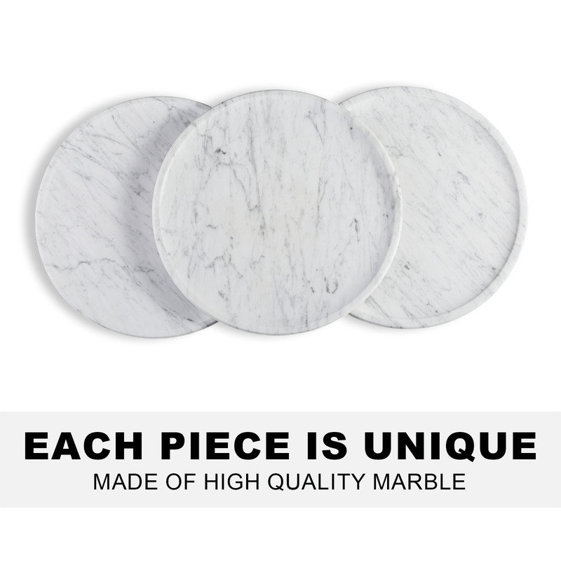 Guein 12” Round Natural Marble Tray, Bianco Carrara
