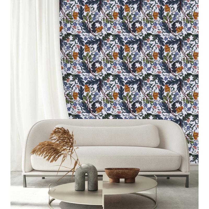 Panneau de papier peint blanc avec feuilles et fleurs, L 25 po x L 125 po