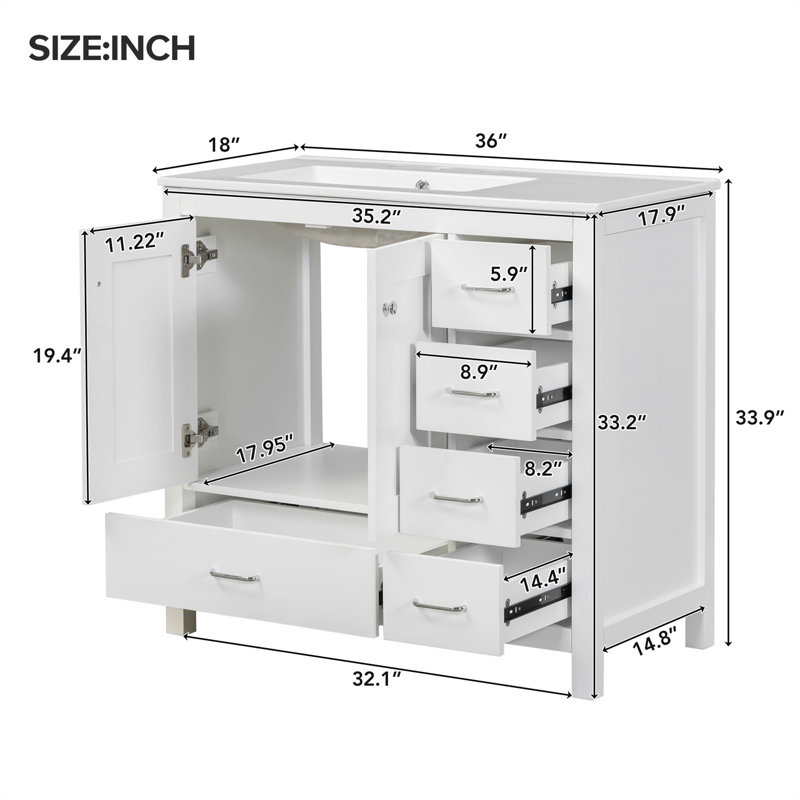 Meuble-lavabo simple 36 po avec lavabo en céramique, tiroirs et armoire à fermeture en douceur