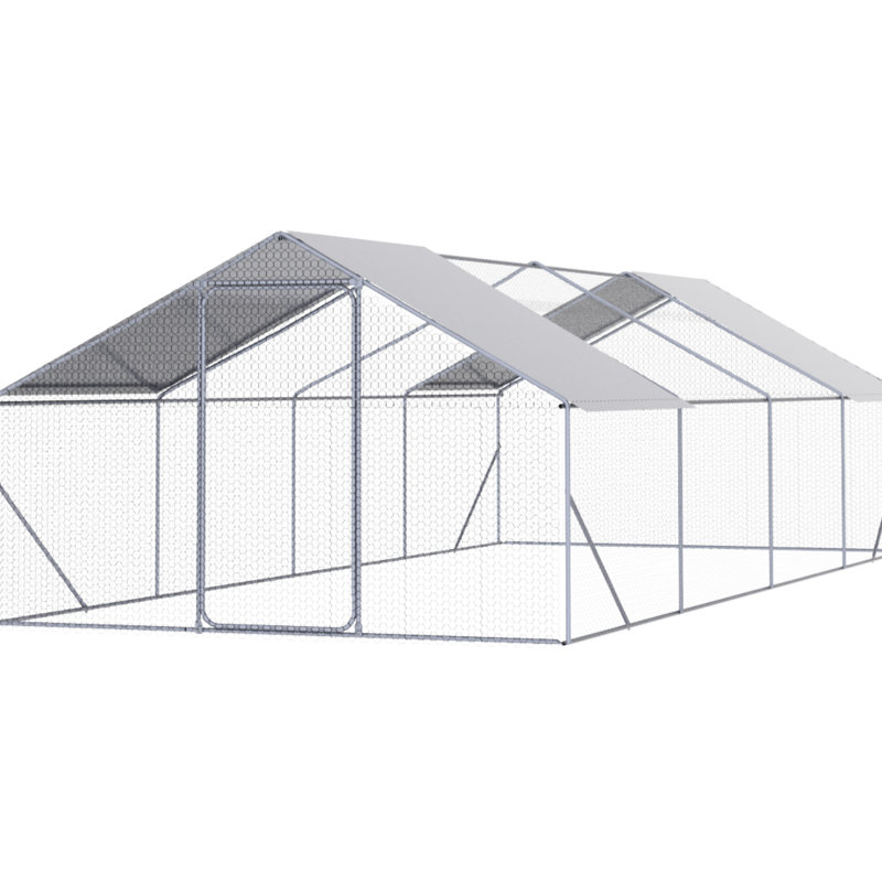 Poulailler extérieur en métal 26 * 10 * 6Ft avec de petites ouvertures en filet pour garder les poulets et les canards en sécurité Grand assemblage facile Espace de vie confortable pour vos oiseaux