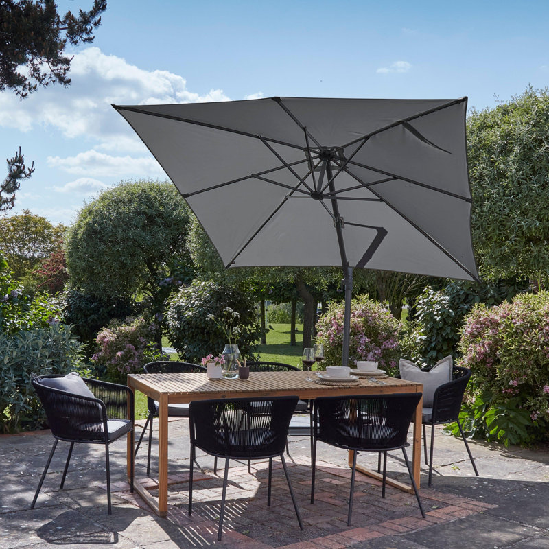 Table with 6 Black Dining Chairs & Cream LED Parasol, Natural Wood/Black/Grey