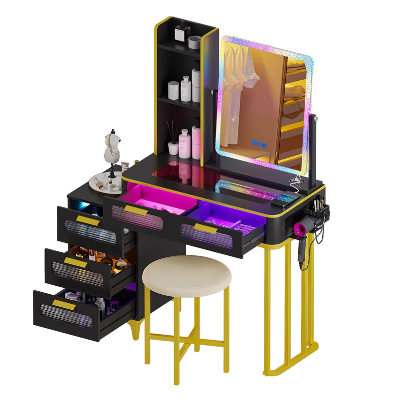 Dressing Table with Human Sensor RGB Lights, Tempered Glass Top, and Quick-Charging Station, Black/Gold