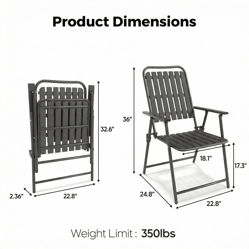 Ensemble de chaises pliantes deux pièces, aucun assemblage requis, adapté aux balcons / jardins, noir, Noir