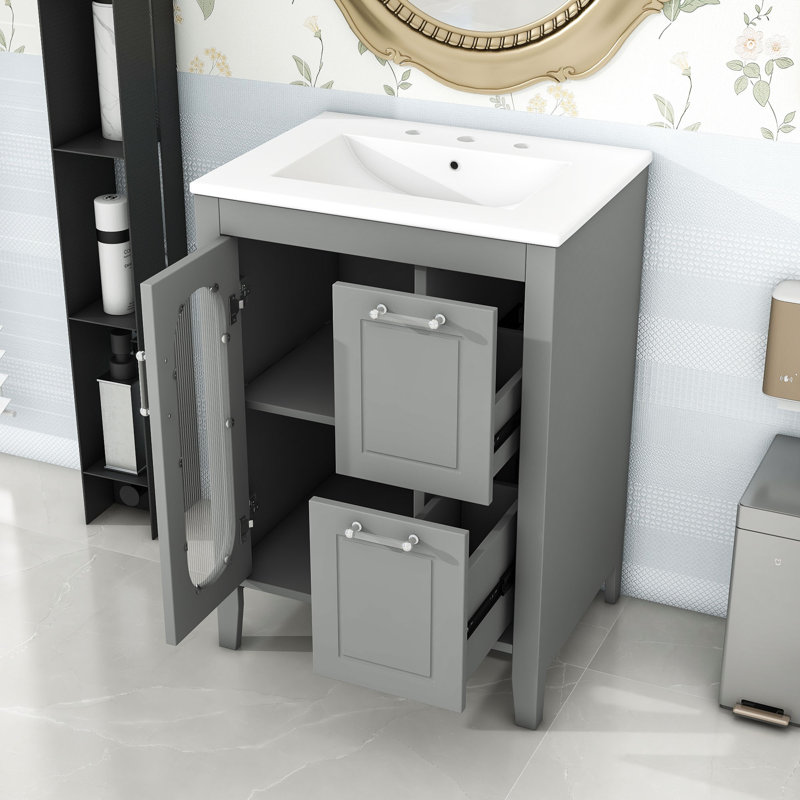 Meuble-lavabo avec deux tiroirs et tablette réglable, Gris