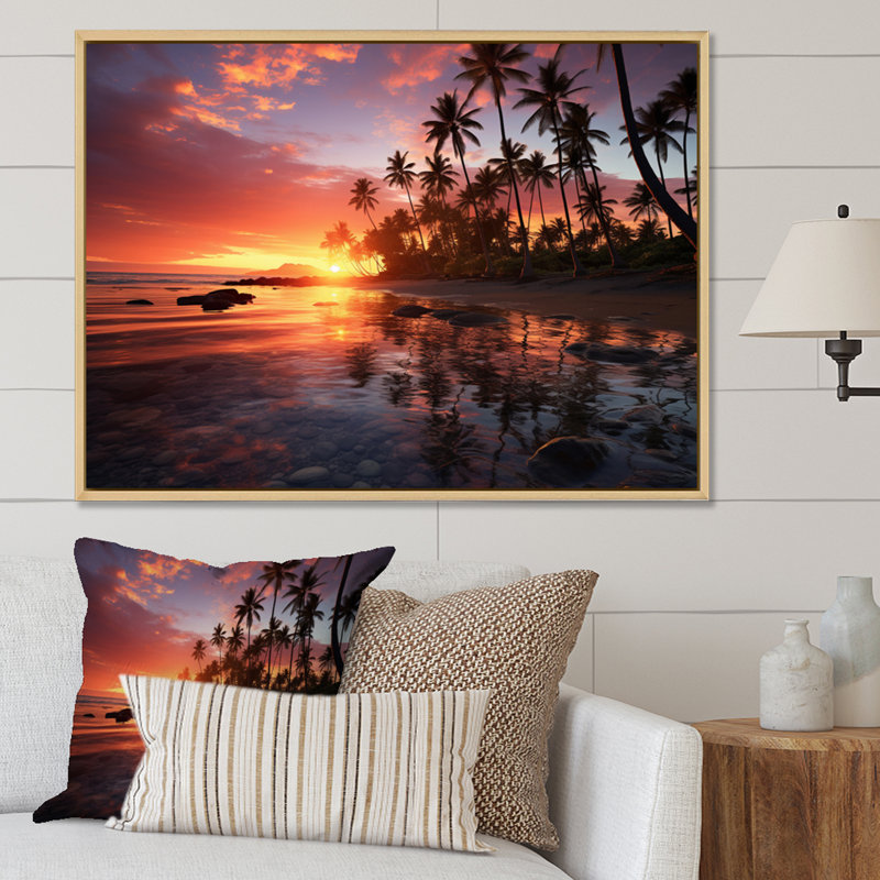 Hawaii Hawaiian Sunrise - Art mural d'Hawaï, H 24 po x l 32 po x P 1 po, Cadre flottant en érable