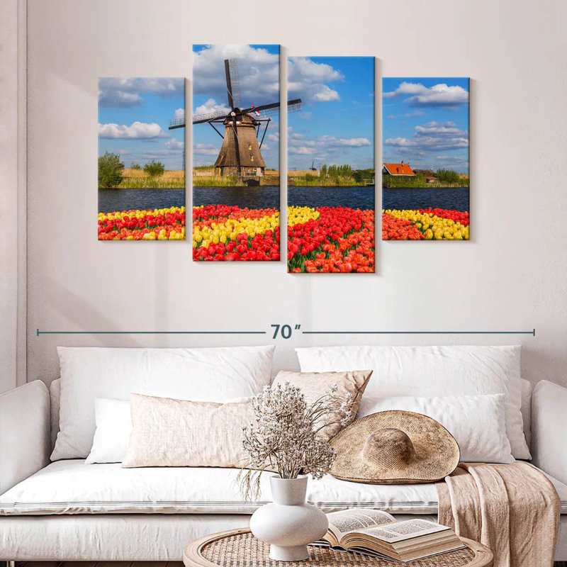 Nicci, tulipes et moulin à vent hollandais, H 32 po x l 52 po