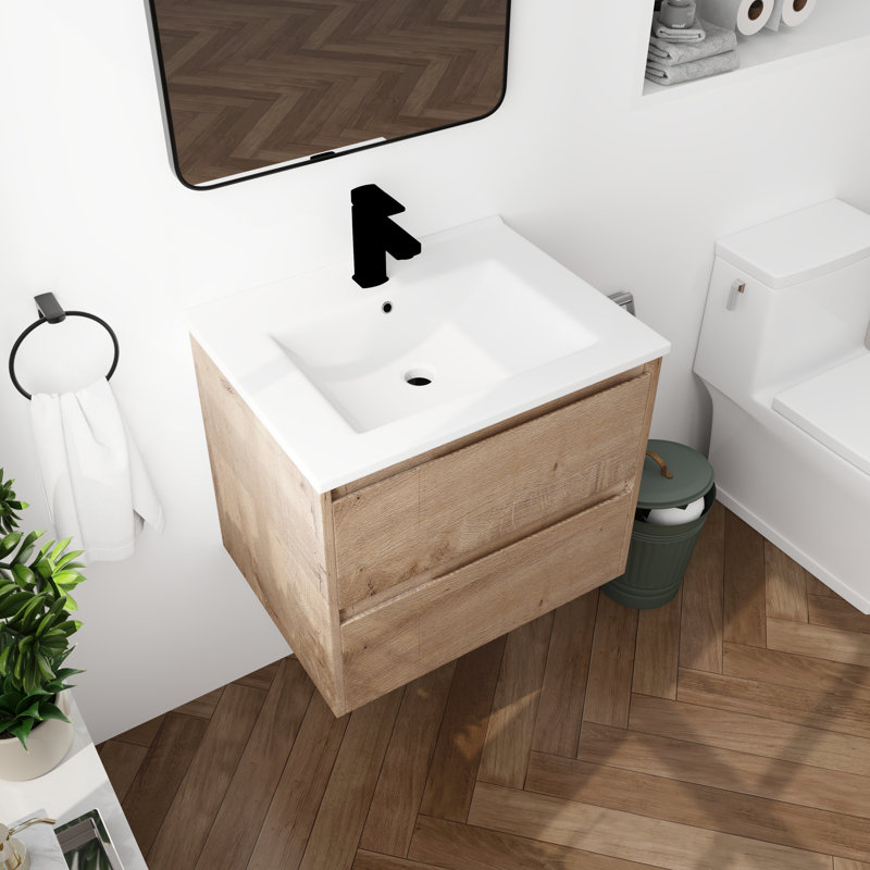 Ensemble de meuble-lavabo simple mural 24 po Marajo, meuble-lavabo flottant avec lavabo en céramique, 2 tiroirs