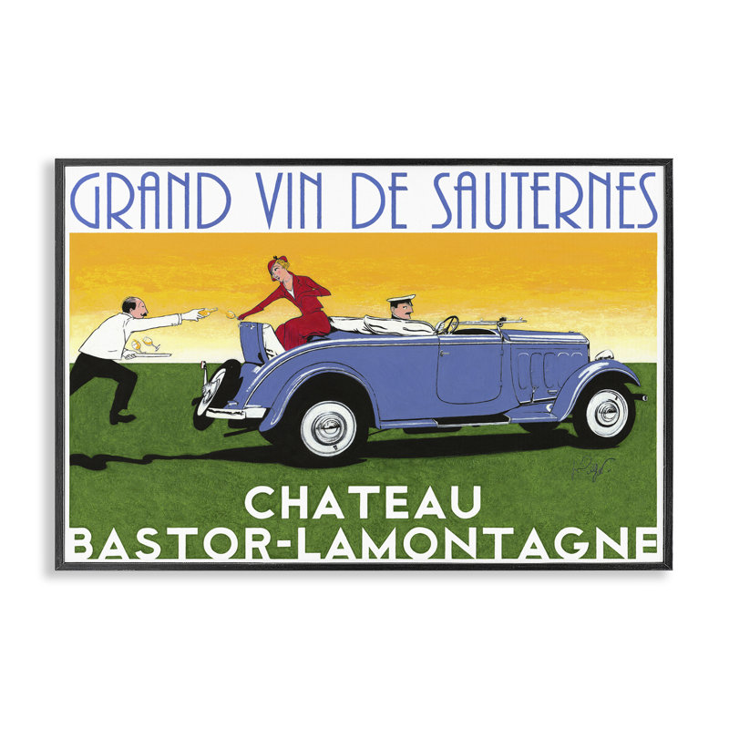 Voiture antique avec vin, estampe numérique, design par Jean-Pierre Got, Giclée encadrée noir minuit, H 12 po x l 18 po