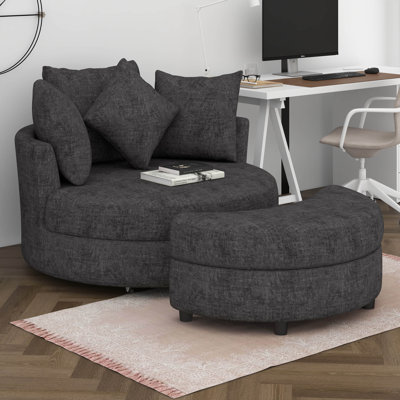 Swivel Round Barrel Chair With Storage Ottoman And 4 Movable Pillow Backrest, 360° Round Rotating Sofa Chair