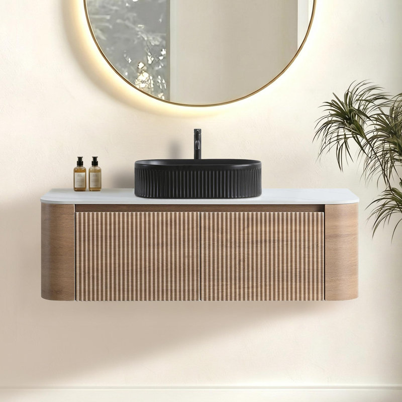 Meuble-lavabo de salle de bain moderne et incurvé, Honey Oak, 48, Black