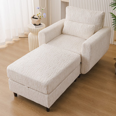 Rexulqo Modern 38'' Oversized Accent Chair with Ottoman,Big Lounge Chair with Under Seat Storage,Velvet Armchair with 25in Deep Seat,7.8'' Thick Cushion,Reading Chair for Living Room,Bedroom ,Office,White