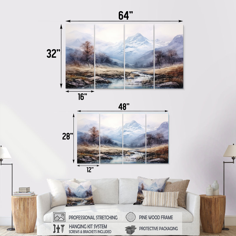 «European Fog Mountain Dream II - Winter Landscape», ensemble de 4 décorations murales, H 28 po x l 48 po