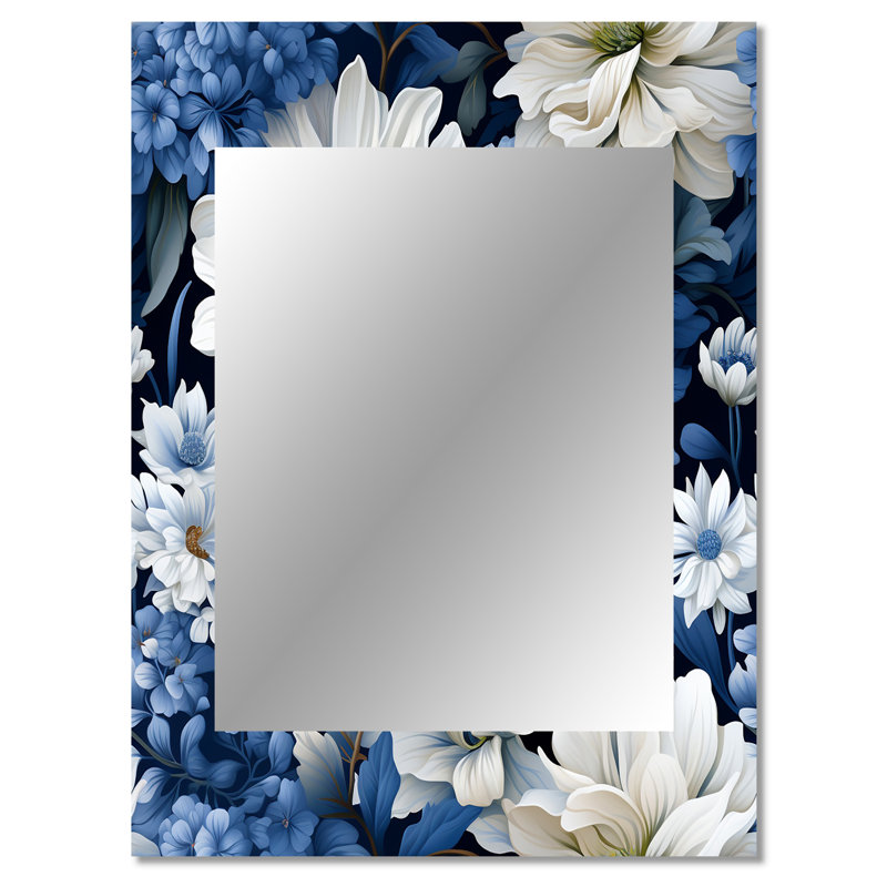 Braedan Blue And White Blooming Floral Pattern - Floral Mirror, Floral Decorative Wall Mirror, Printed Metal Art, 40" x 30"