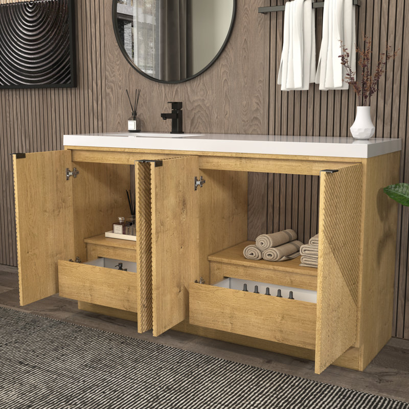 Meuble-lavabo autoportant 59 po avec lavabo gauche en acrylique renforcé Monterey, Gauche, Chêne