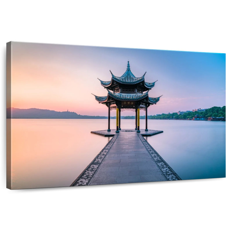 Scène de coucher de soleil au pavillon Adella Jixian, H 26 po x l 39 po