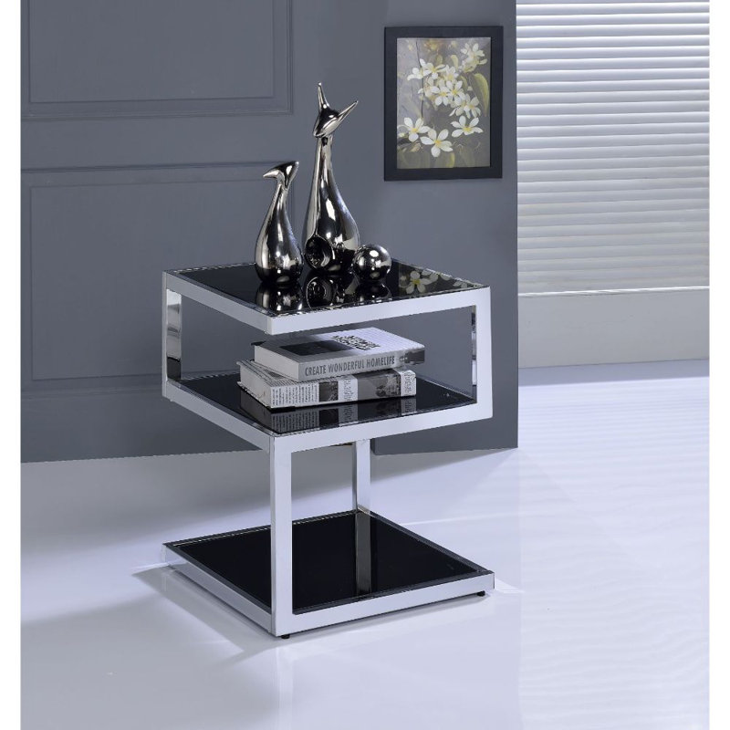 Table de bout carrée en verre trempé argenté et noir 21 po avec deux tablettes Thane