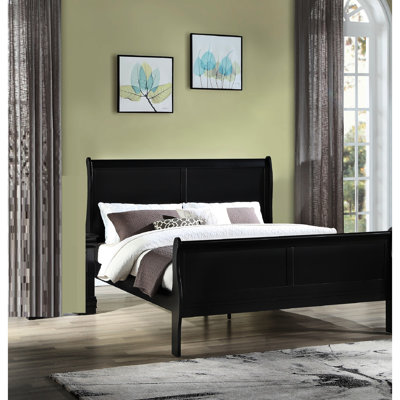 Lit double pleine grandeur, bois noir et bois massif, pièce de décoration
