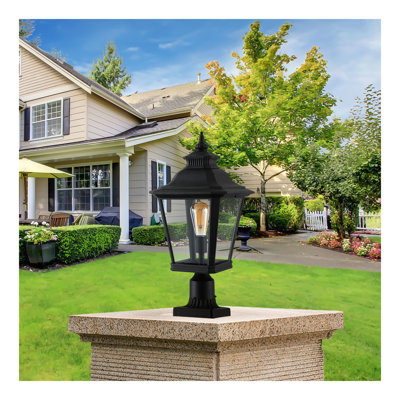 Ensemble de lanternes de poteau d'extérieur 21 po (H) 21 po - Lampadaire rétro en métal noir et verre transparent pour éclairage de jardin, portail, allée et allée avec design élégant (ampoule non incluse)
