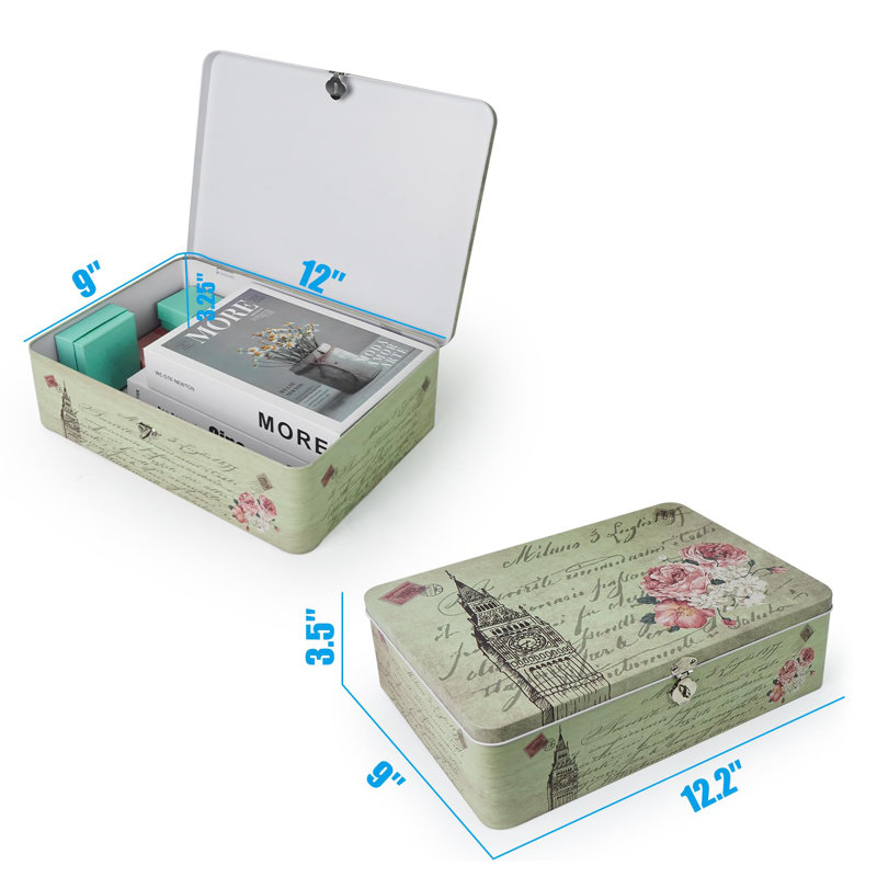 Vintage Letter Paper Cookie Container Decorative Secret Box With Key And Lock, Green